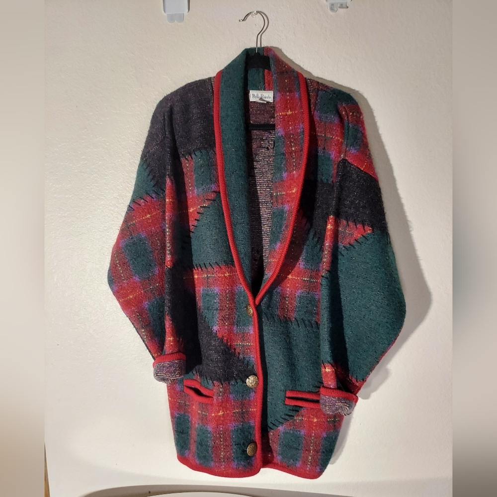Belle Pointe Vintage Wool Multicolor Plaid Patchwork Sweater Jacket WM Size L